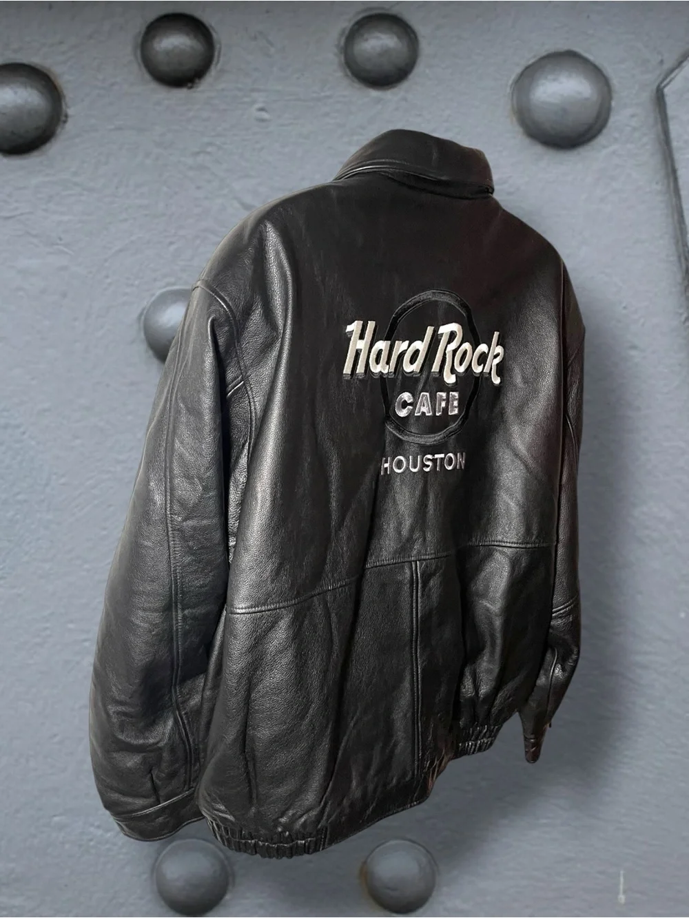 Hard Rock Cafe Houston   Embroidered Black Leather Bomber Jacket Men's Size XXL